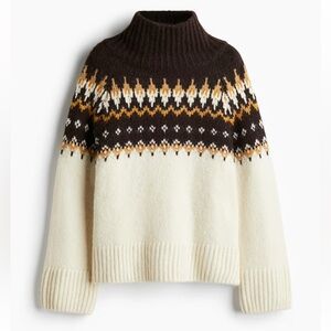 NWT H&M 2025 Fair Isle Knit Turtleneck Sweater Brown Cream XS OVERSIZED Wool